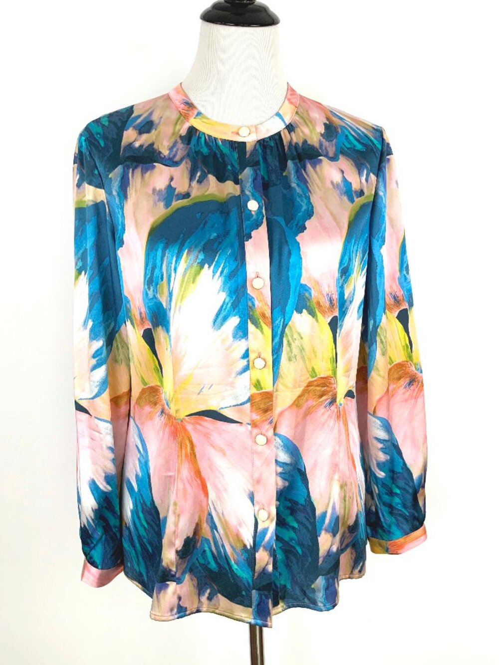 New St. John Collection Silk Floral Watercolor Blue Pink Blouse Sz 8